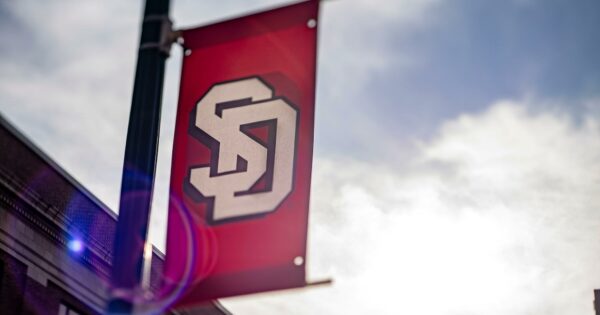 The USD logo hangs on campus.